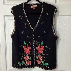 Christmas Holiday Vest Holiday Traditions Brand Poinsettia Design On Sweater L